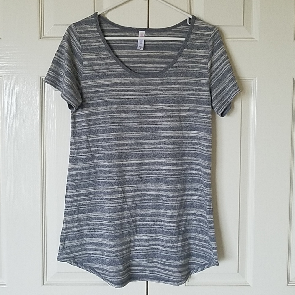 Small Lularoe Classic Tee in Gray and Cream Strips